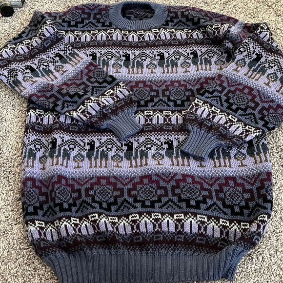 Custom warm wool knit purple llama crew neck sweater from Mexico large Aztec - Picture 1 of 3